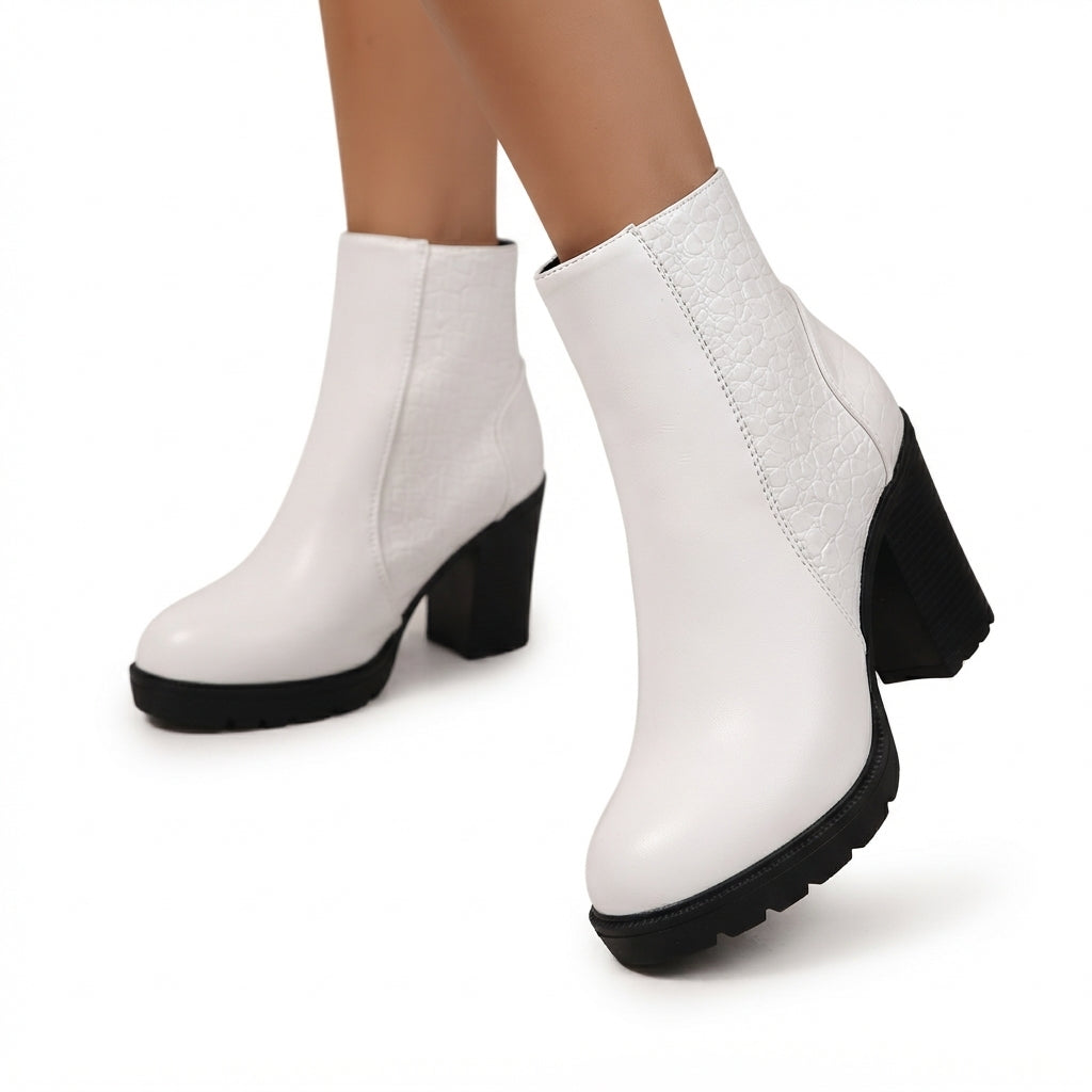 Croc Embossed Ankle Boots, Block Heel and Back Zip