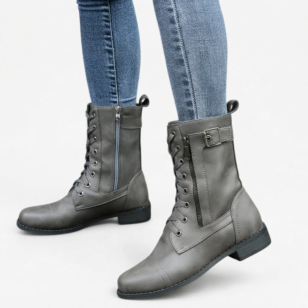 Faux Leather Biker Boots, Arch Support Buckle Strap