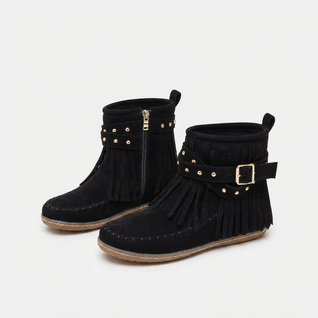 Suede Fringe Ankle Boots, Flat Moccasin Stitched Sole