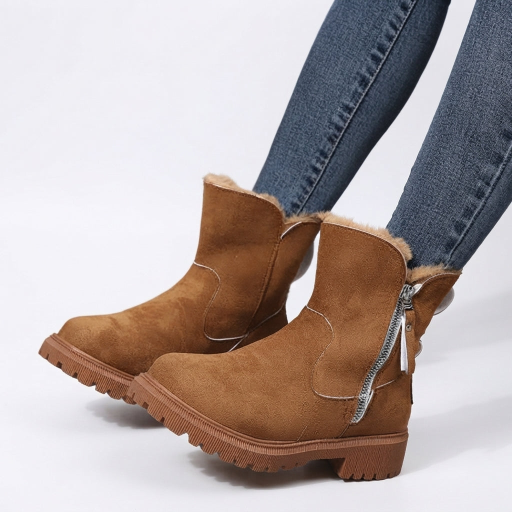 Faux Fur Trim Snow Boots, Side Zip and Lug Grip Sole