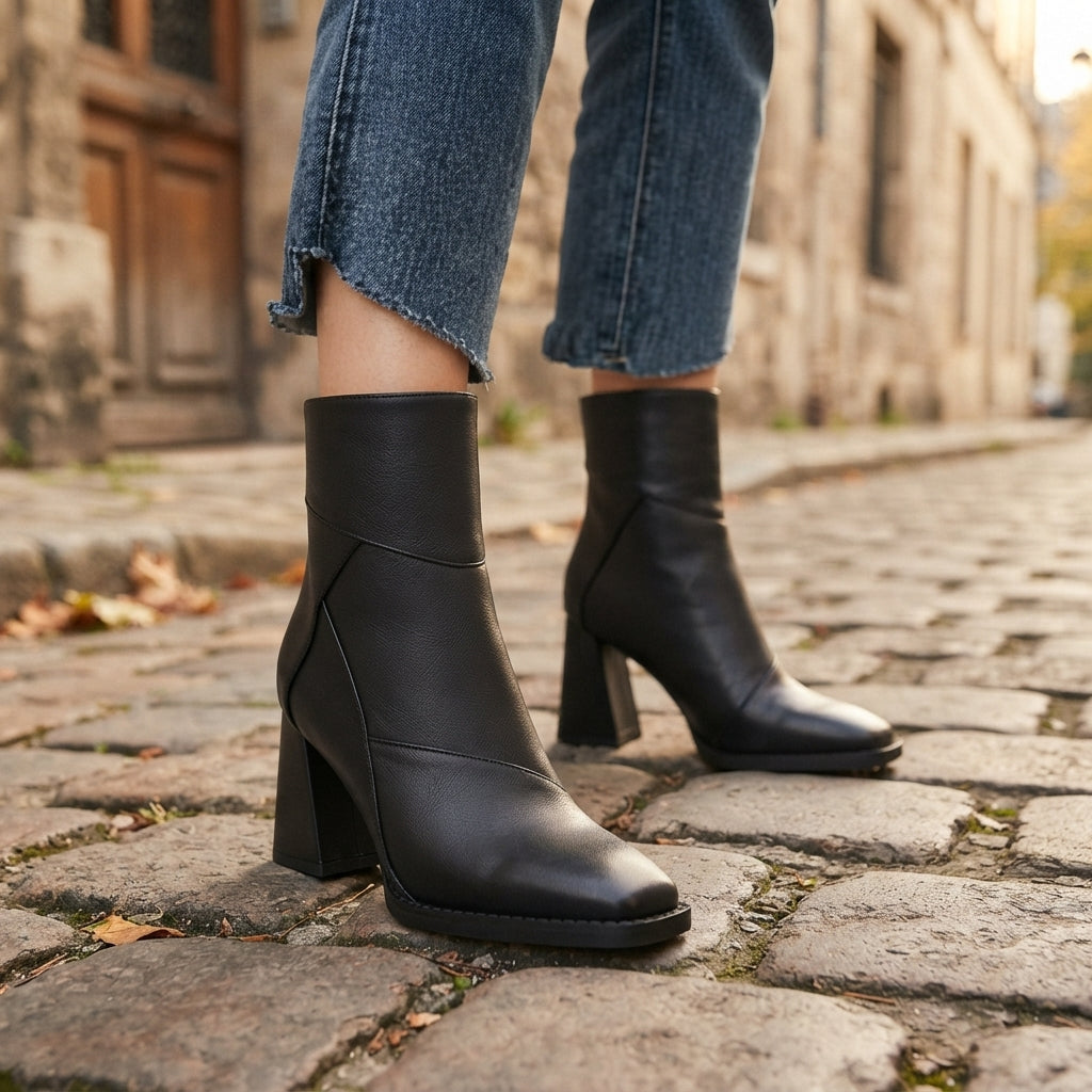 Leather-Look Ankle Boots, Side Zip Block Heel Style