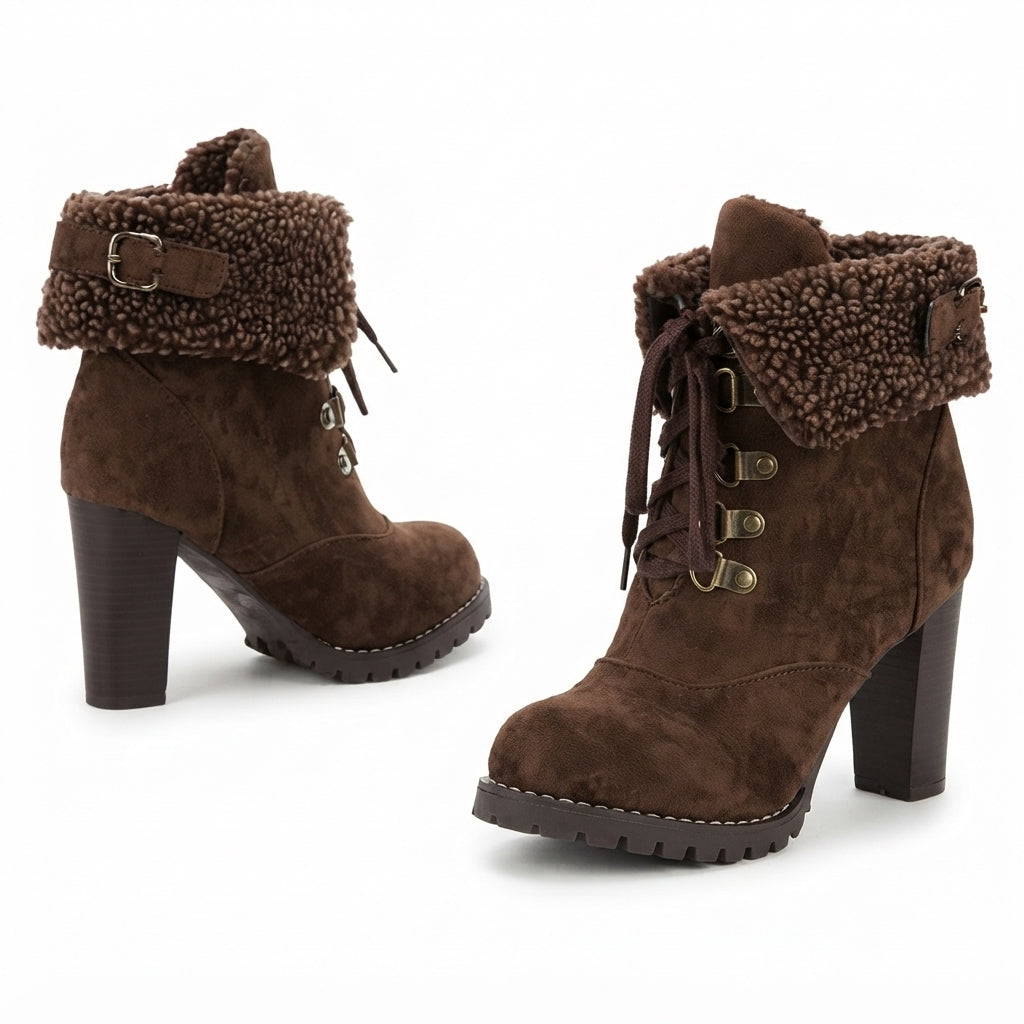 Faux Fur Collar Ankle Boots, Lace Up Chunky Block Heel
