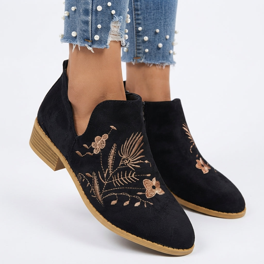 Embroidered Suede Ankle Boots, Low Block Heel Shape