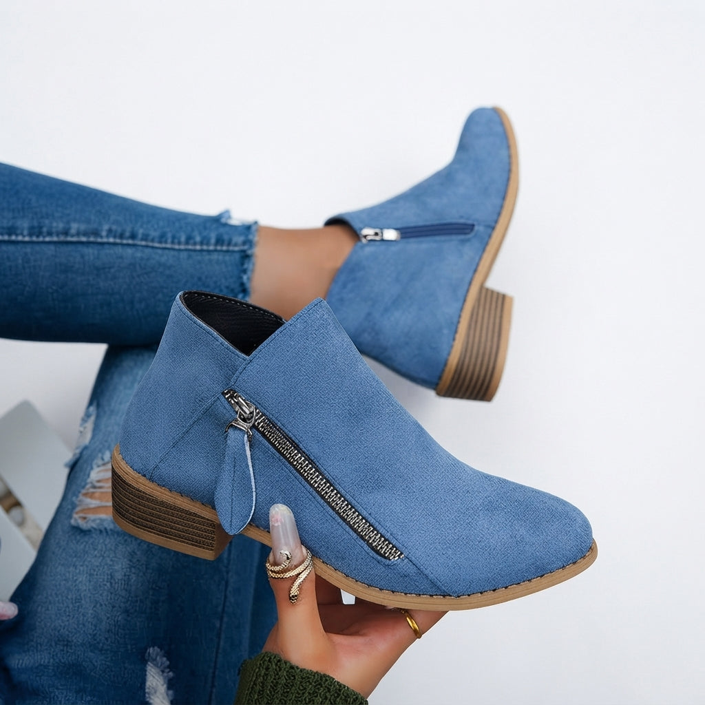 Round Toe Ankle Boots, Stacked Block Heel Side Zip