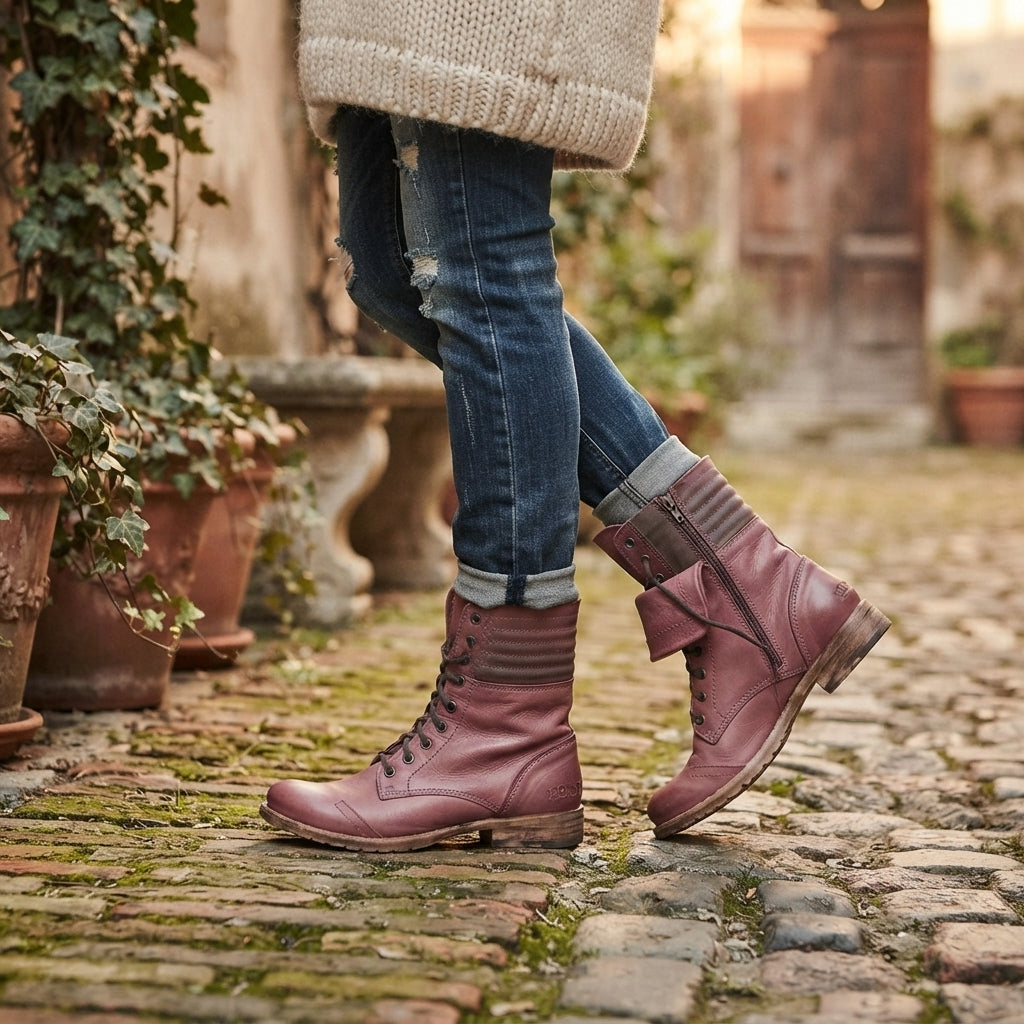 Lace-Up Combat Boots, Foldover Cuff Cushioned Sole