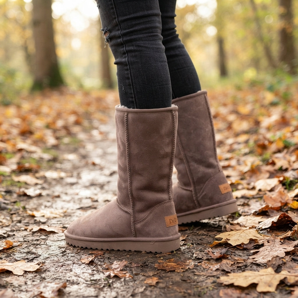 Fleece Lined Knee High Winter Boots, Suede Look Zip