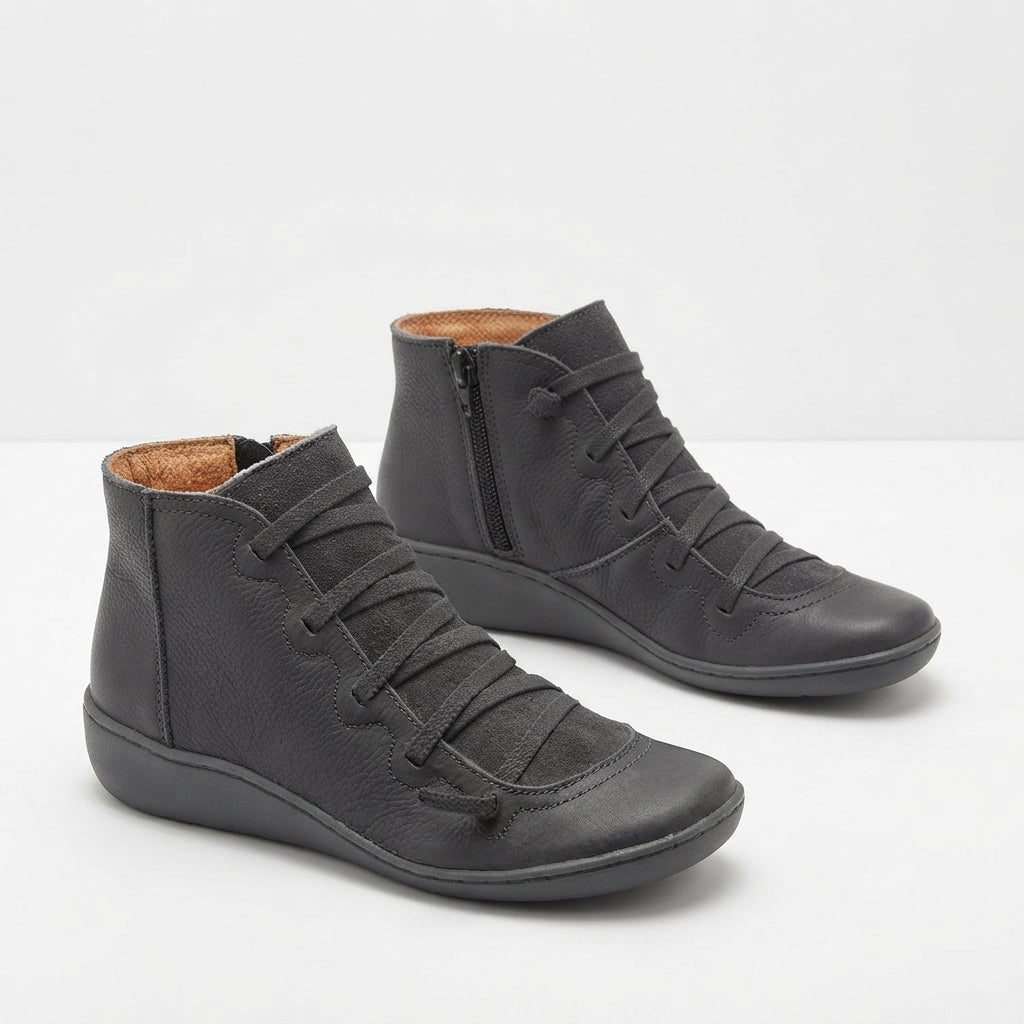 Leather Lace Up Ankle Boots, Side Zip Supportive Insole