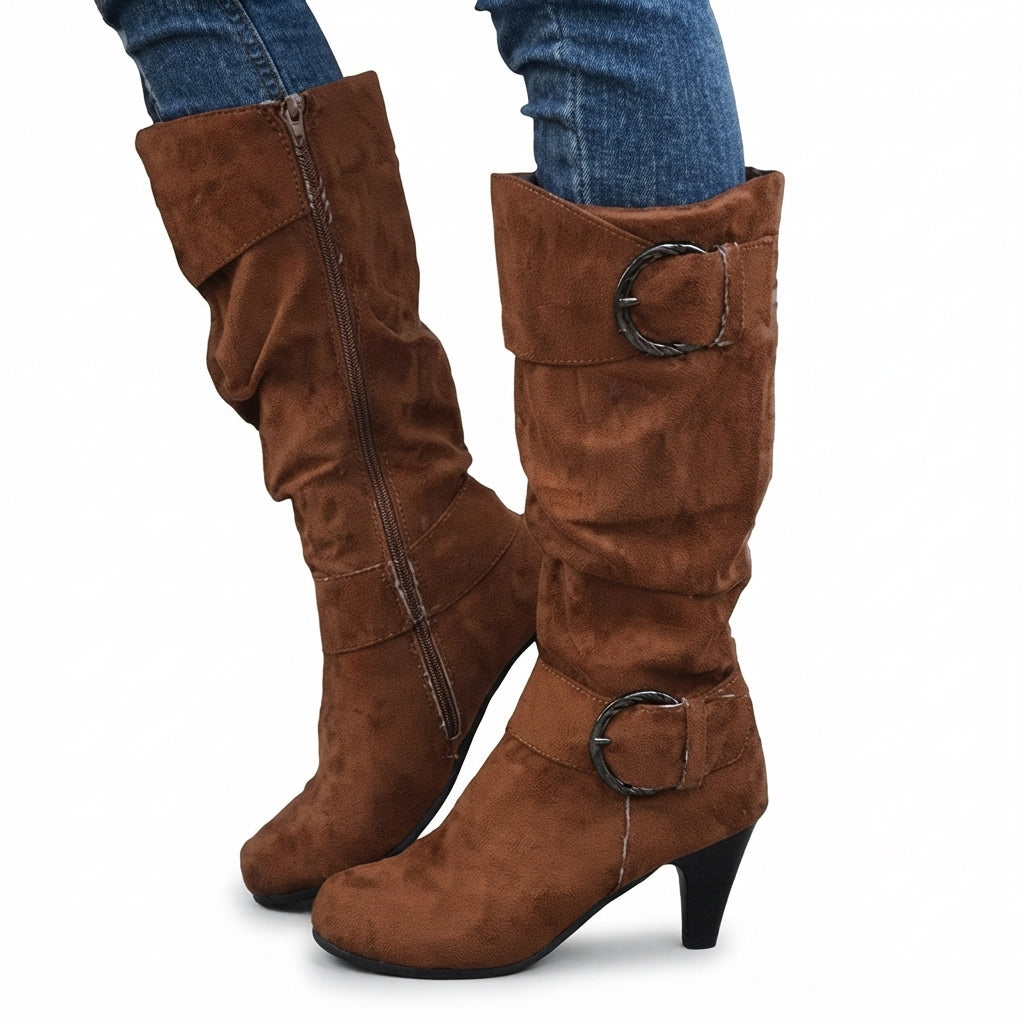Slouch Knee High Heeled Boots, Buckle Detail Side Zip