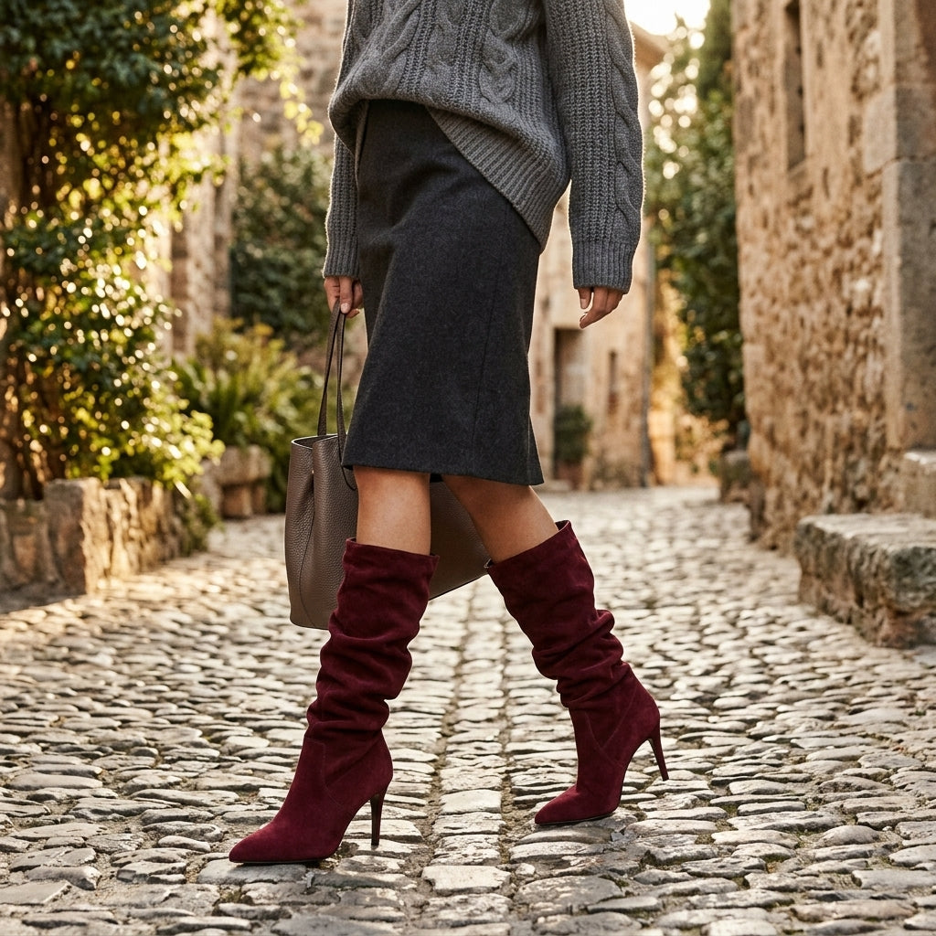Ruched Suede Knee High Boots, Stiletto Pointed Toe