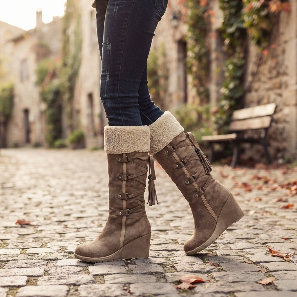 Faux Shearling Knee High Boots, Wedge Platform Sole