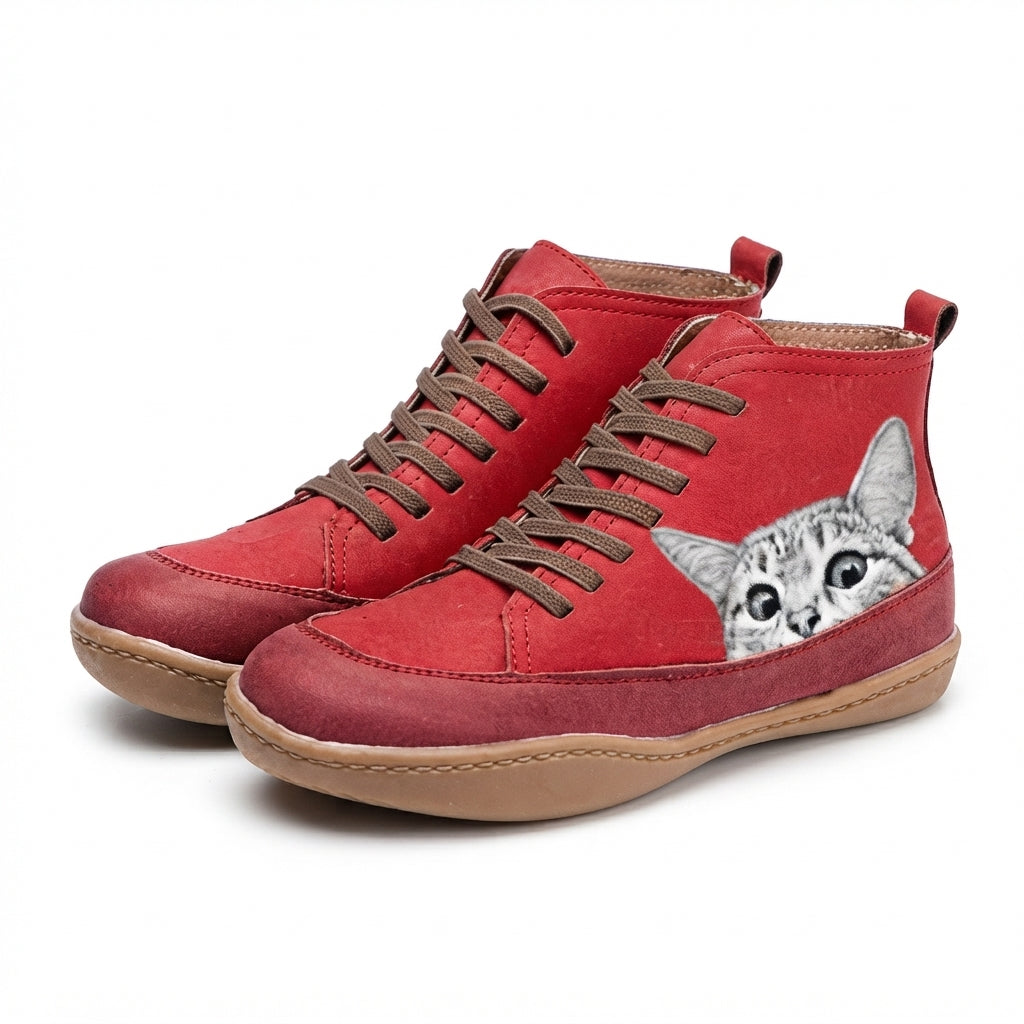 Cat Print Ankle Boots, Plush Lined Cushioned Insole