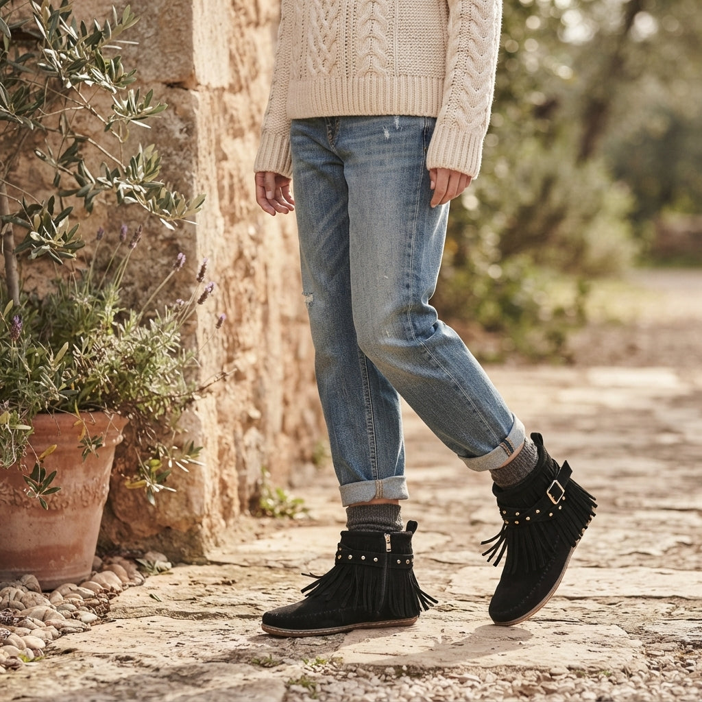 Suede Fringe Ankle Boots, Flat Moccasin Stitched Sole
