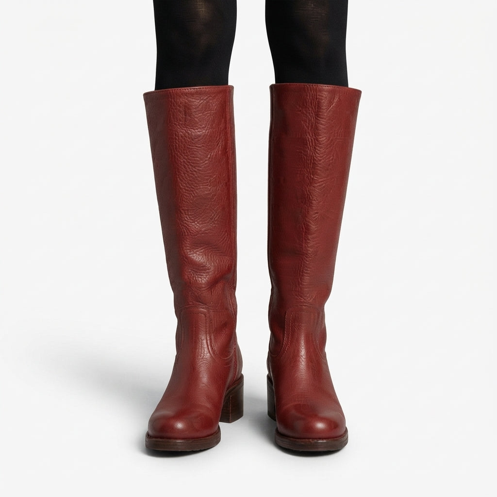 Knee High Leather Boots, Round Toe Supportive Flat Sole