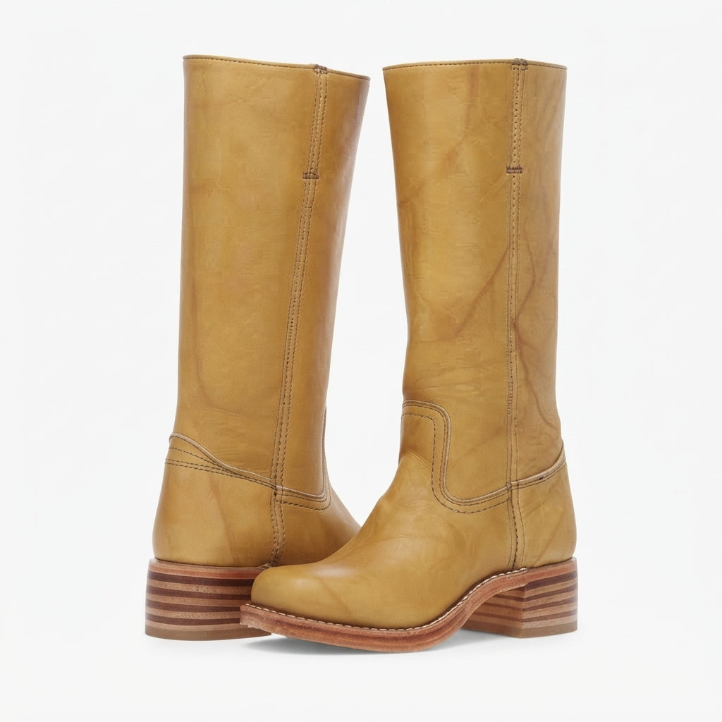 Leather Knee High Boots, Low Block Heel Zip Closure
