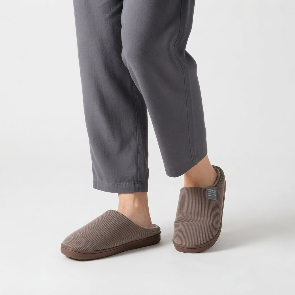 Ribbed Knit Slippers, Fleece Lined Non-Slip Grip Sole