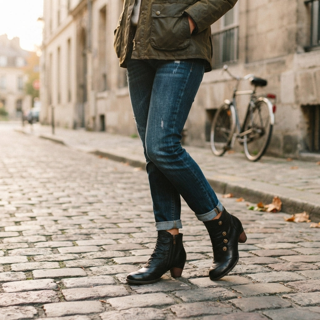 Leather Ankle Boots, Floral Button Block Heel Style