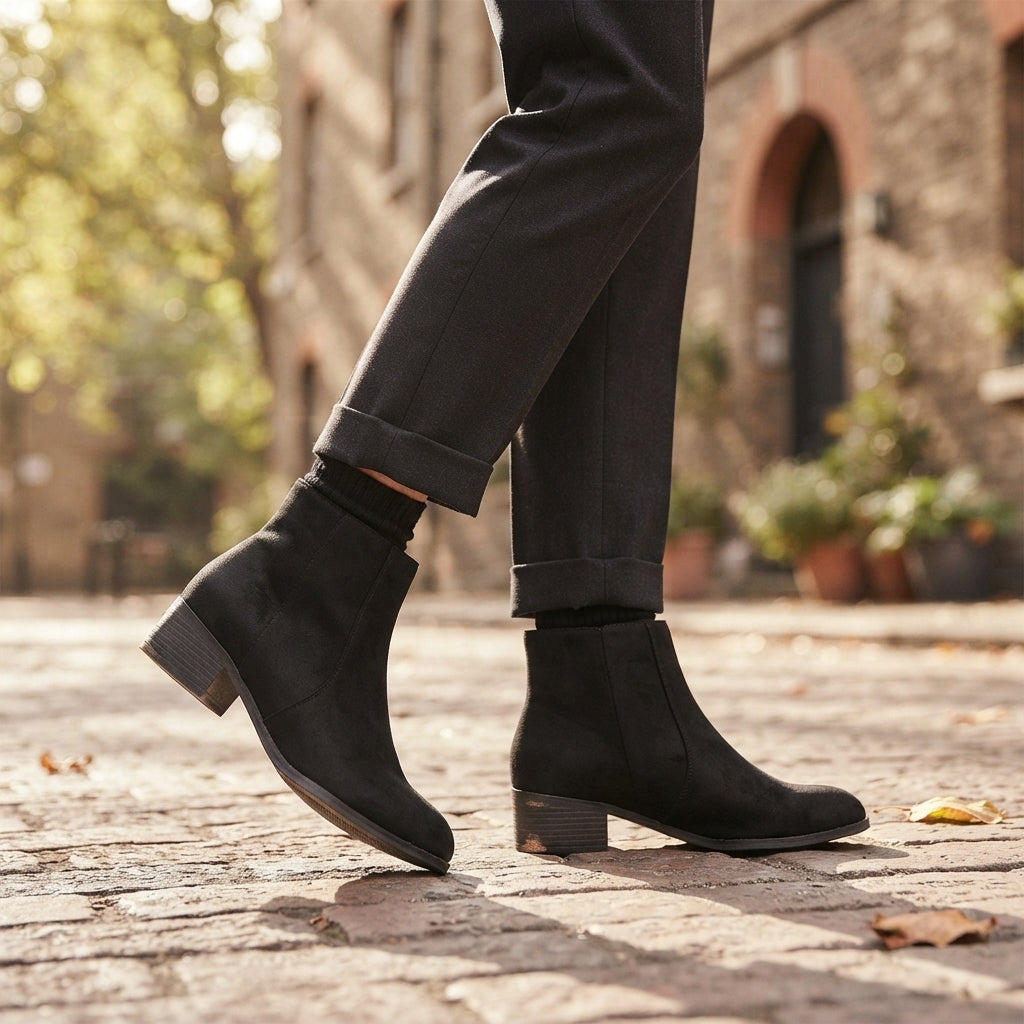 Suede Look Ankle Boots, Low Block Heel Side Zip Fit