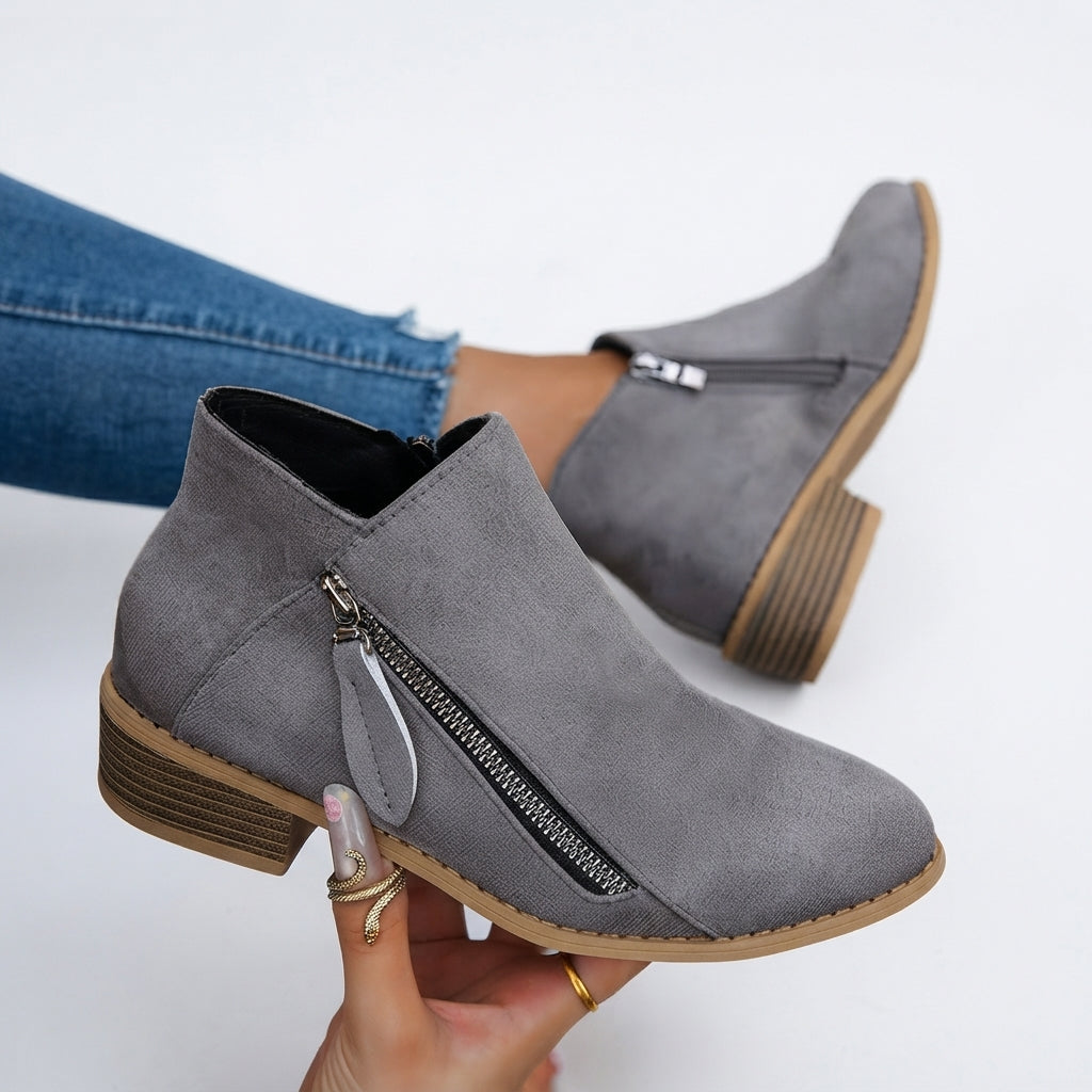 Round Toe Ankle Boots, Stacked Block Heel Side Zip