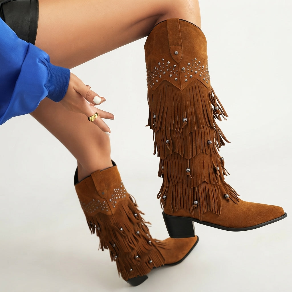 Fringe Knee High Cowboy Boots, Suede Stacked Block Heel