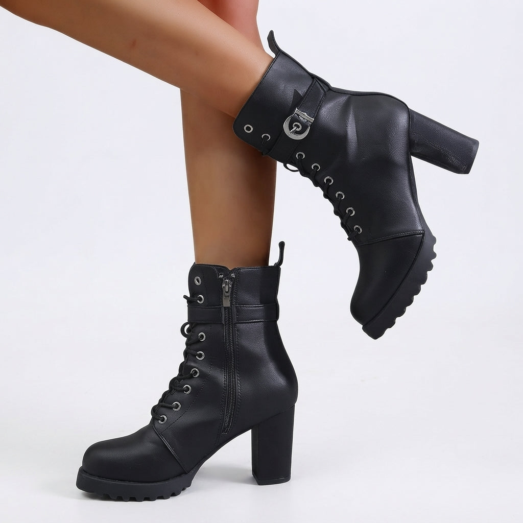 Block Heel Combat Boots, Full Lace-Up with Lug Sole