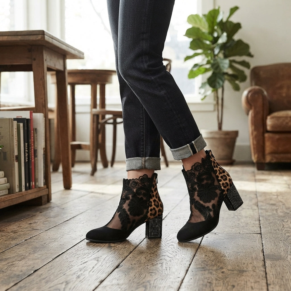 Floral Lace Ankle Boots, Wide Block Heel Padded Insole