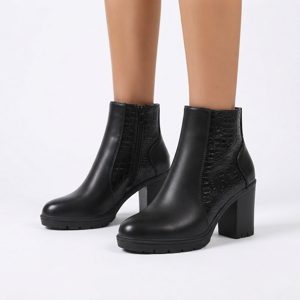 Croc Embossed Ankle Boots, Block Heel and Back Zip