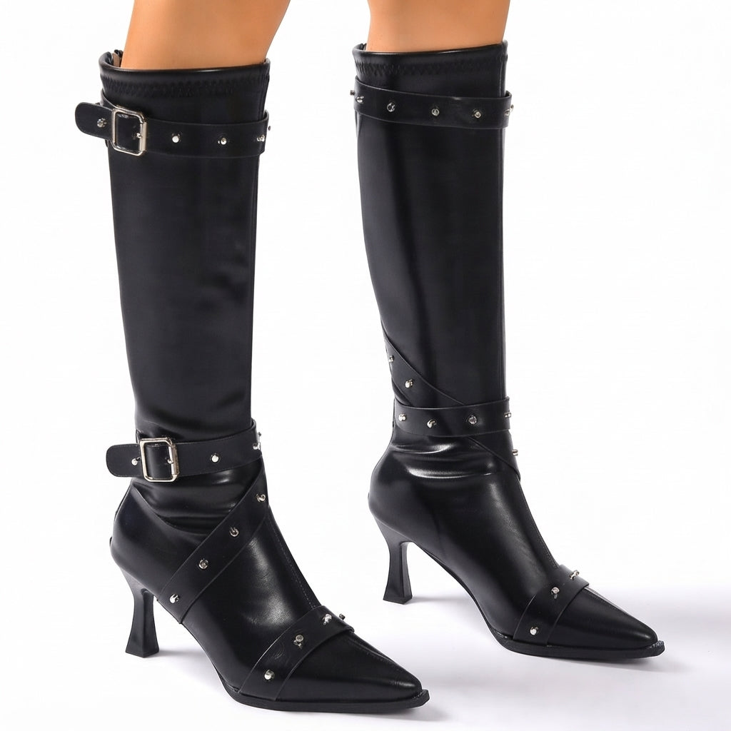 Studded Knee High Heeled Boots, Pointed Toe Buckles