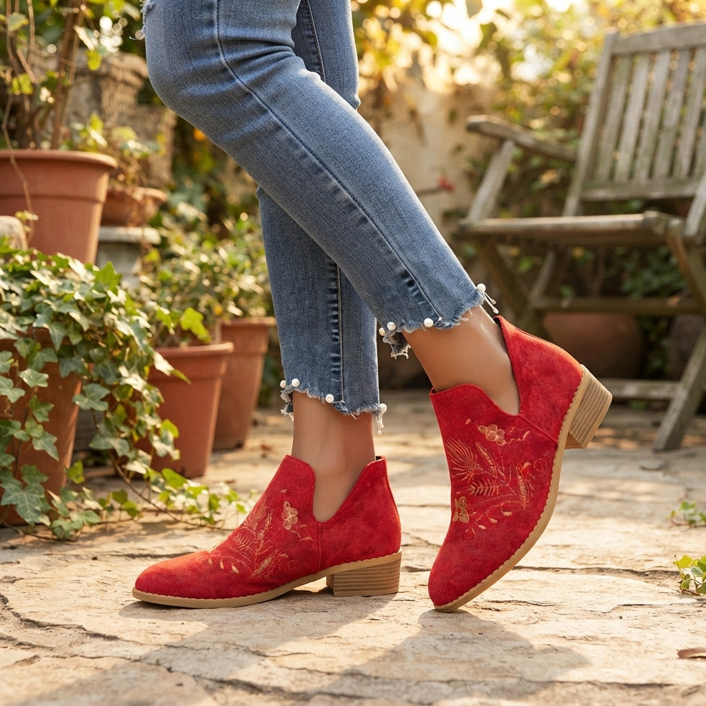 Embroidered Suede Ankle Boots, Low Block Heel Shape