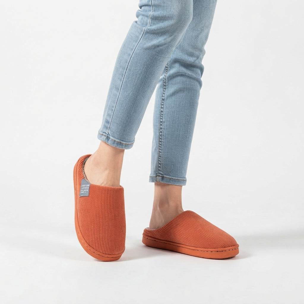 Ribbed Knit Slippers, Fleece Lined Non-Slip Grip Sole