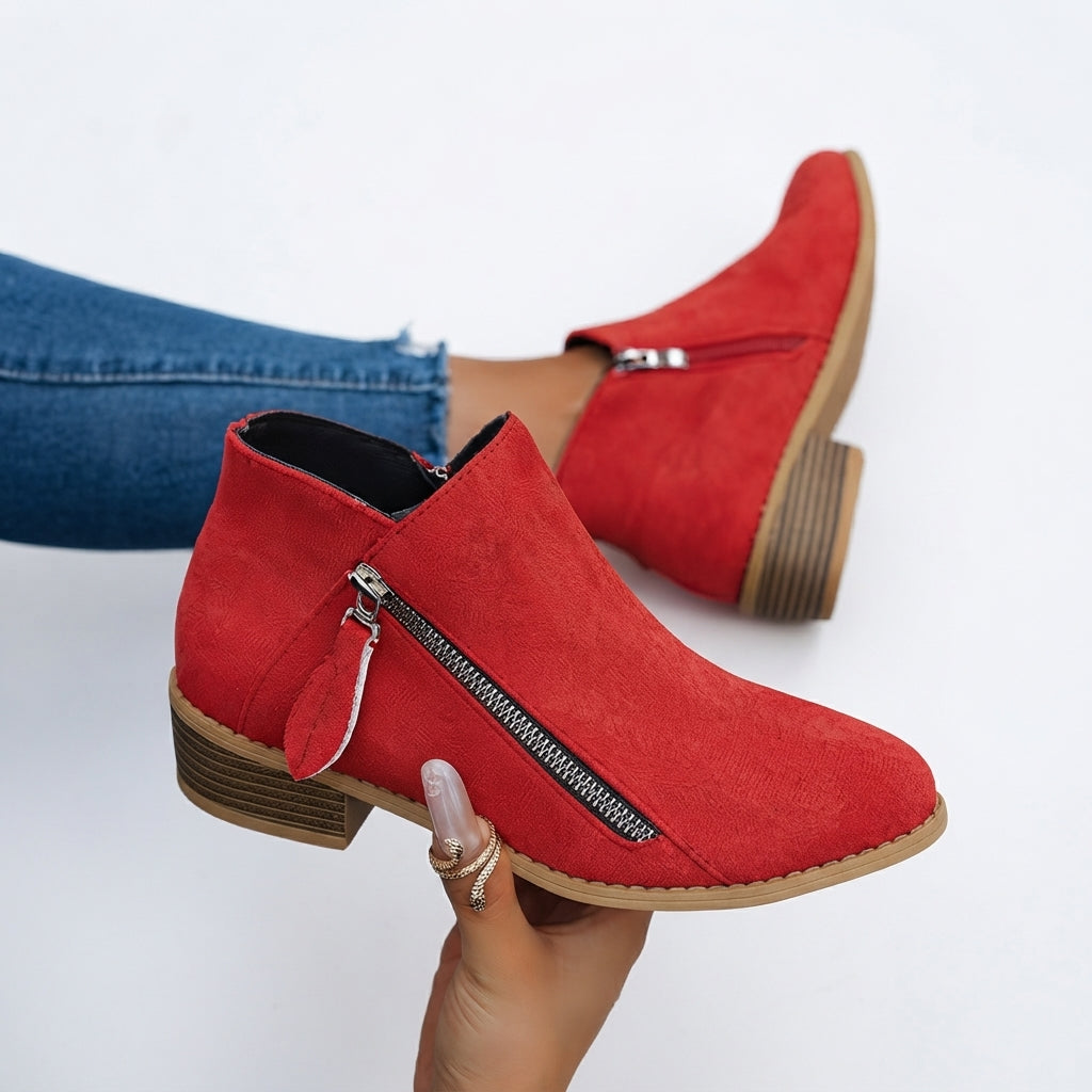 Round Toe Ankle Boots, Stacked Block Heel Side Zip