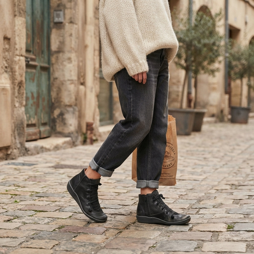Leather Lace Up Ankle Boots, Side Zip Supportive Insole