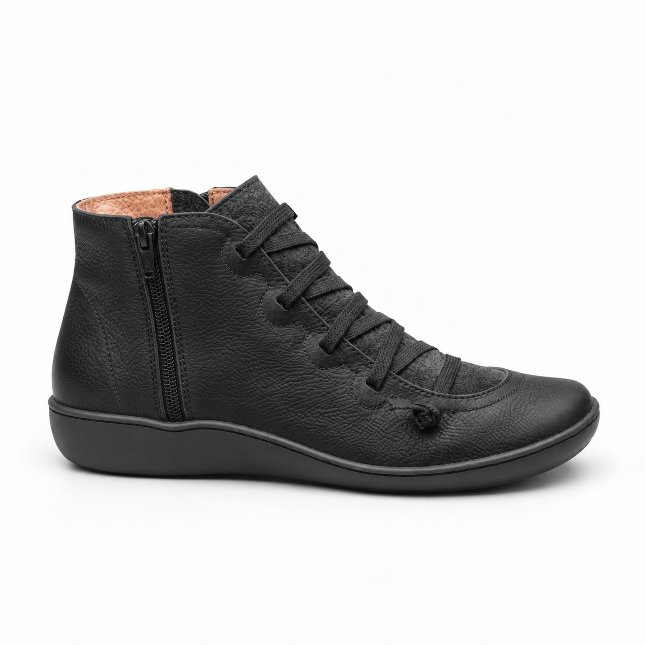 Leather Lace Up Ankle Boots, Side Zip Supportive Insole