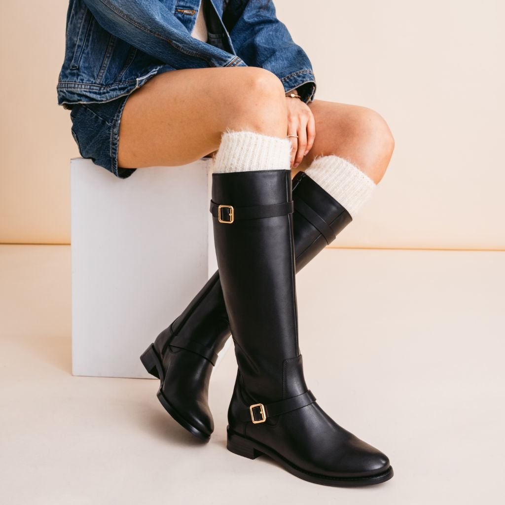 Buckle Strap Riding Boots, Knee High Leather Zip Up