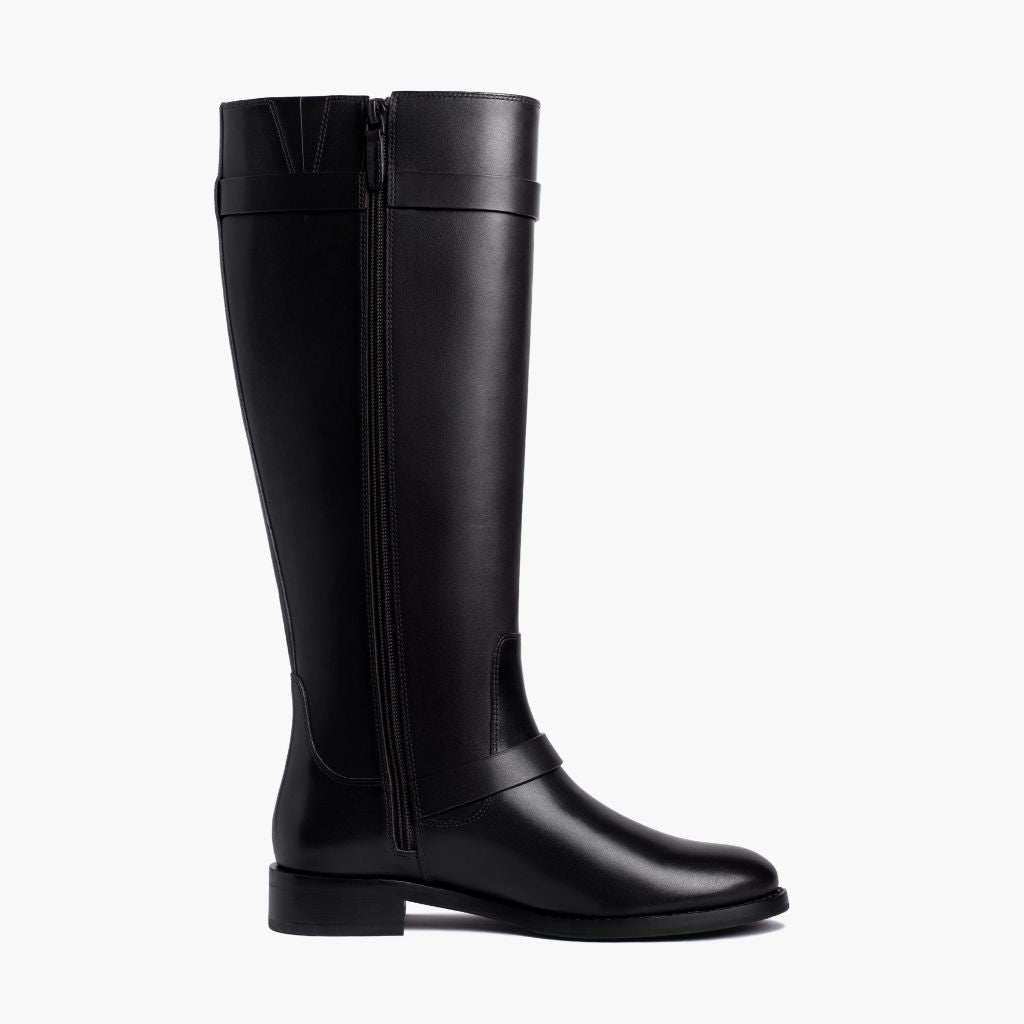Buckle Strap Riding Boots, Knee High Leather Zip Up
