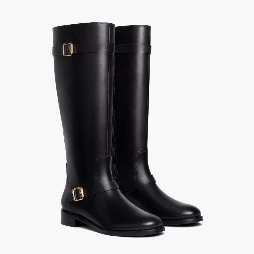 Buckle Strap Riding Boots, Knee High Leather Zip Up