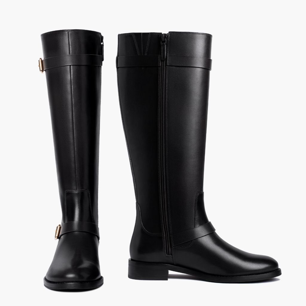 Buckle Strap Riding Boots, Knee High Leather Zip Up