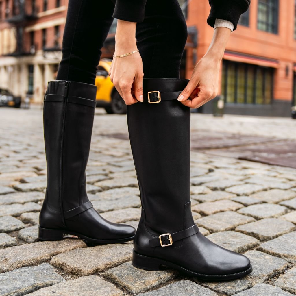 Buckle Strap Riding Boots, Knee High Leather Zip Up