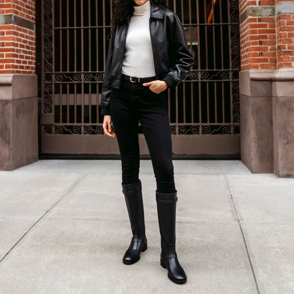 Buckle Strap Riding Boots, Knee High Leather Zip Up